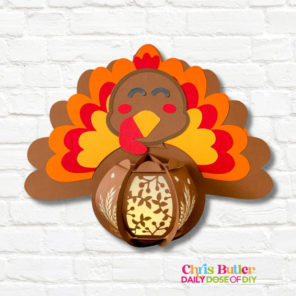 Turkey lantern paper craft for cutting machines Thanksgiving craft, double sided orange red and yellow feather layers with cute face
